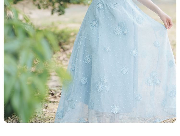 Cocaliso - Mouwloze maxi-A-lijnjurk met vierkante hals, effen bloemenapplicatie en ruches