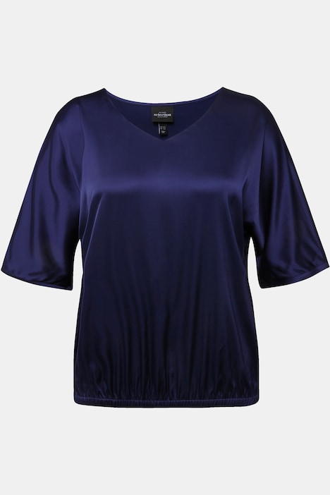 Satinbluse, Oversized, V-Ausschnitt, Halbarm, Gummisaum