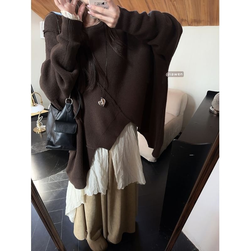 Vhancy - Ronde hals effen asymmetrische oversized trui / Lange mouwen V-hals doorschijnende blouse met knoopjes en split / Culottes met hoge taille