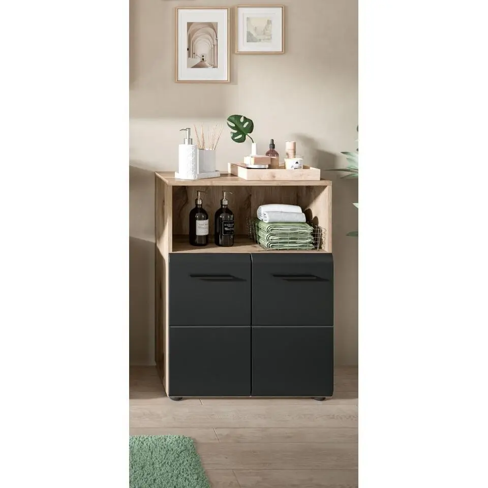Hioshop Ice badkamerkast 2 deuren- 1 plank zwart mat- eiken decor