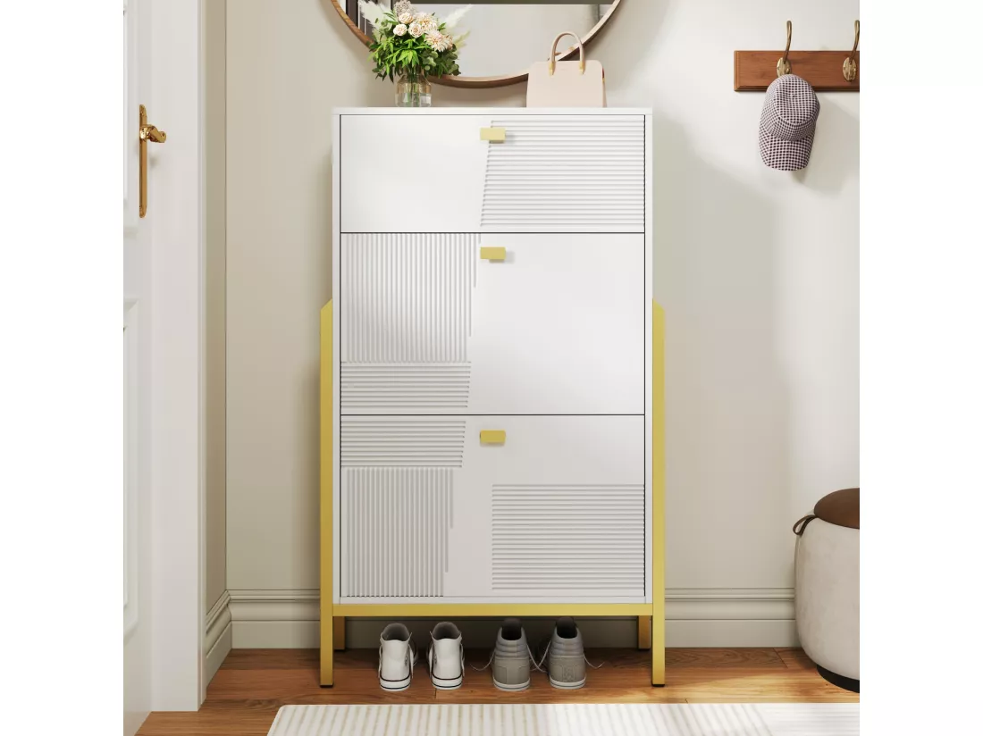 Armoire à chaussures avec tiroirs, porte-chaussures double avec poignées et pieds dorés, design moderne, rangement pratique