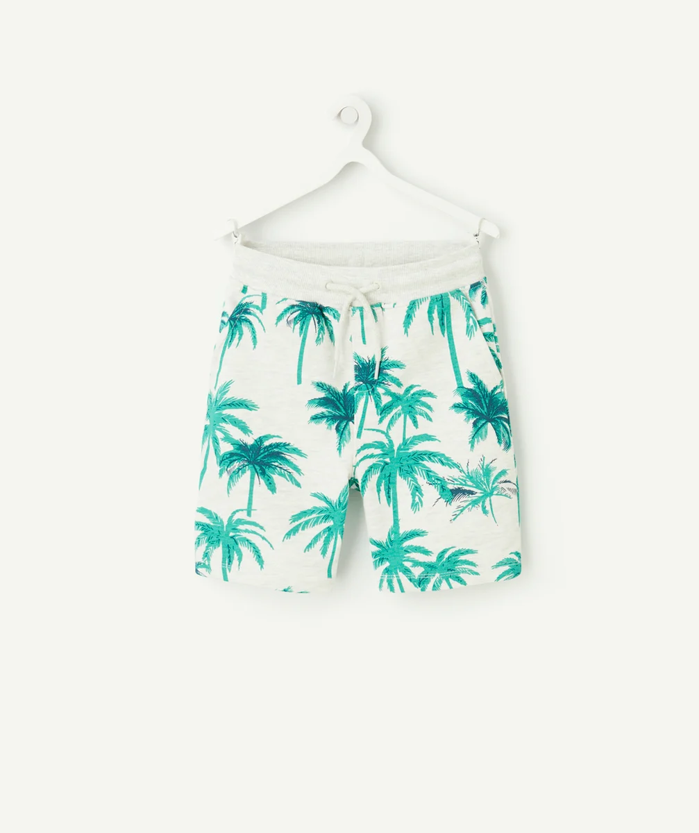 bermuda garçon en coton biologique gris chiné imprimé palmiers verts