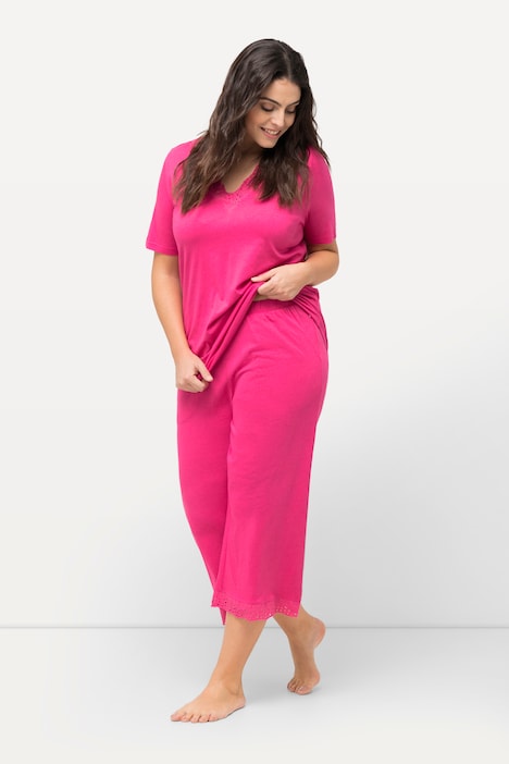 Pyjama, Lochstickerei, V-Ausschnitt, Halbarm, Modalmix
