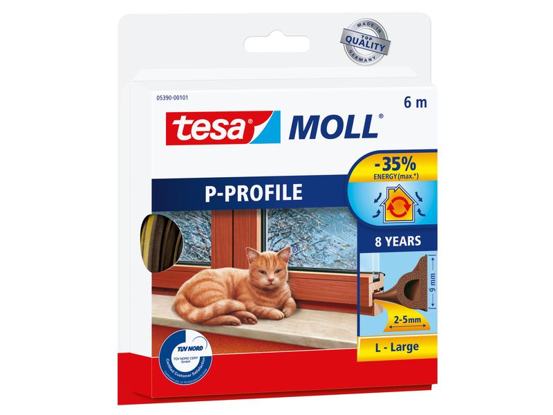 tesa Dichtungsband P-Profil, Braun, 6 m x 9 mm Klebelösung zum Abdichten grösserer Fugen in Fenstern und Türen