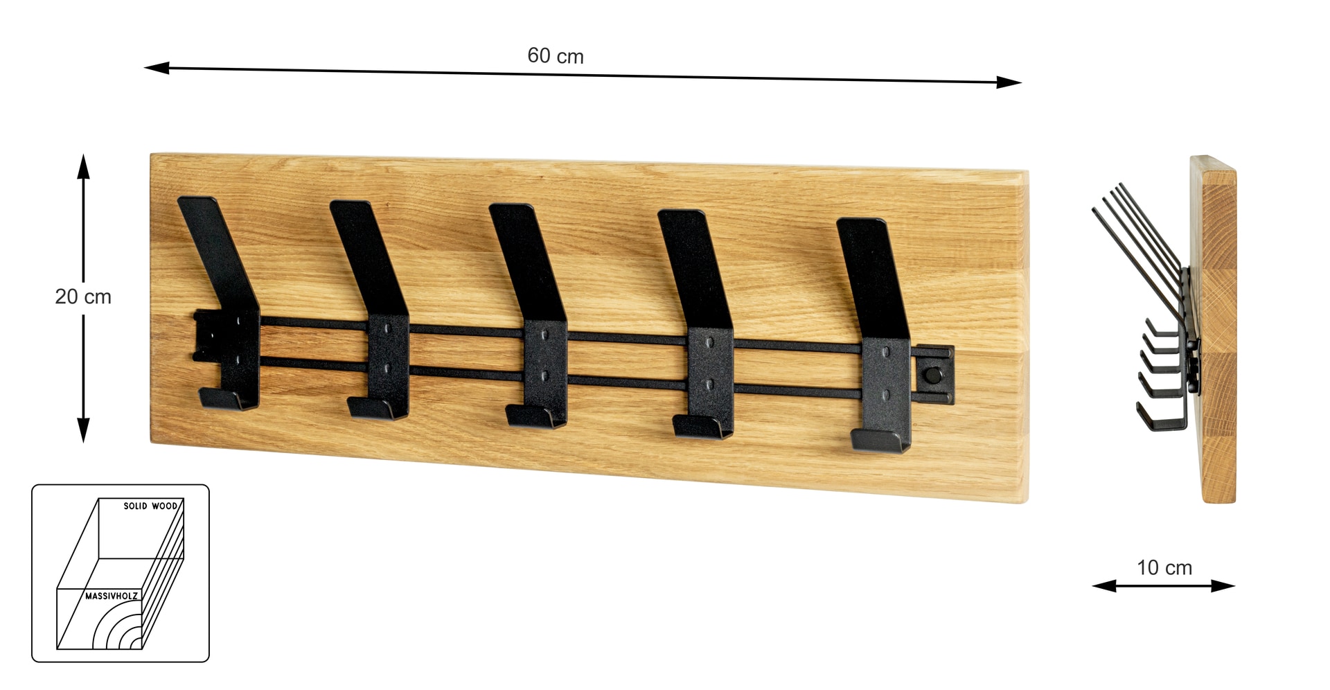 Wandgarderobe 60 x 20 cm Eiche Massivholz/schwarz