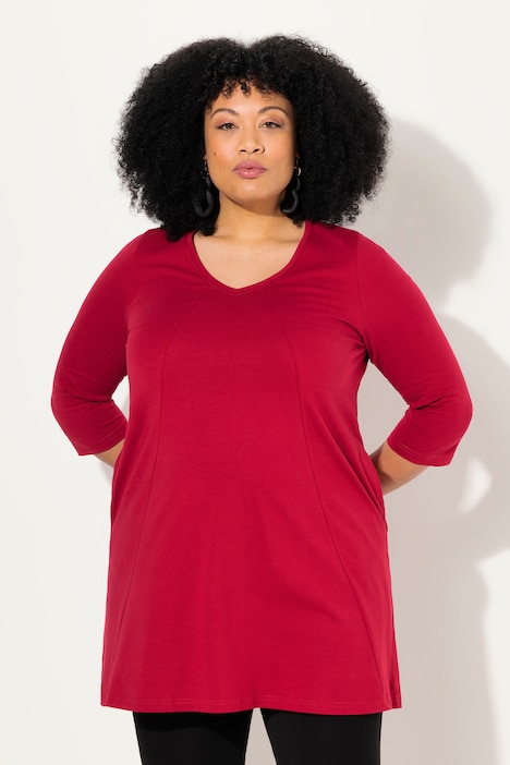 Longshirt, Ziernähte, A-Linie, V-Ausschnitt, 3/4-Arm