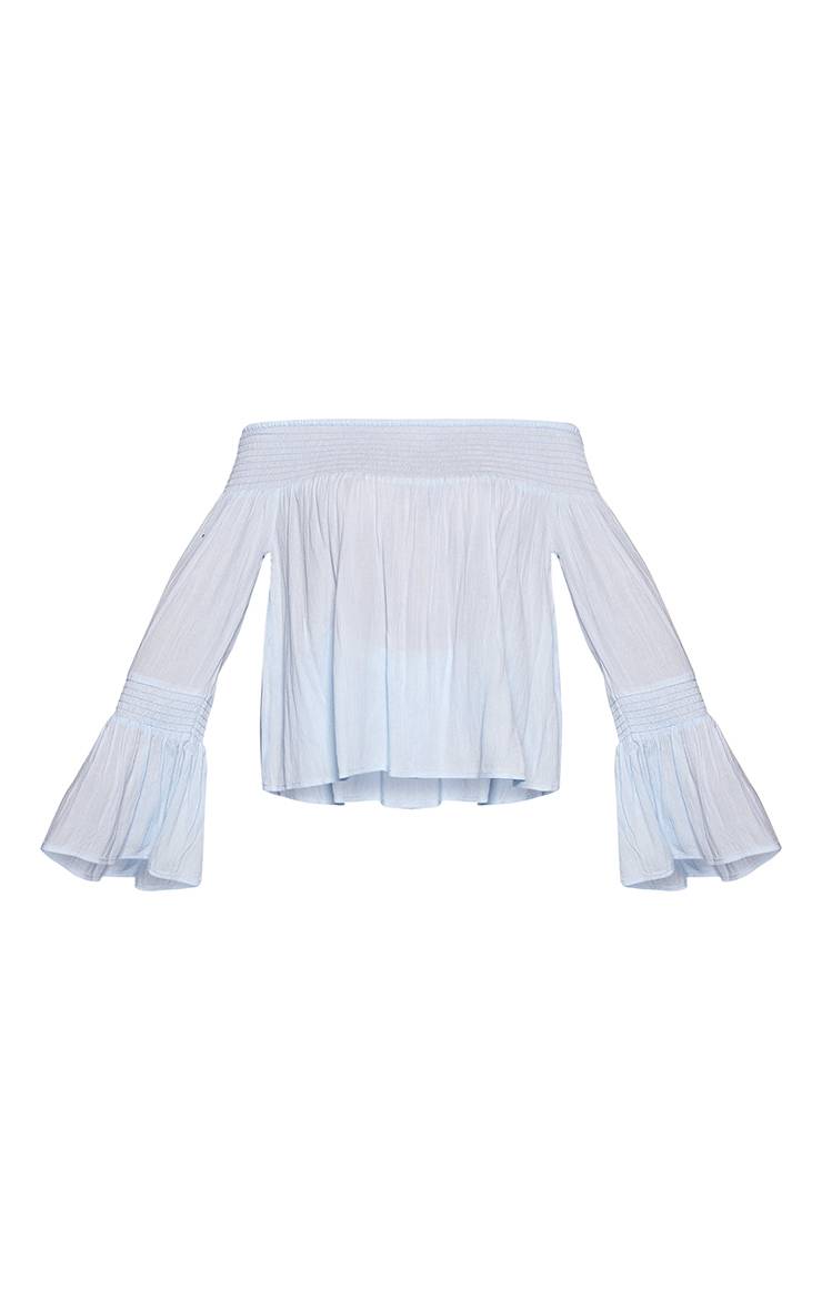 Bleu Ensemble Haut Bardot Froncé Évasé