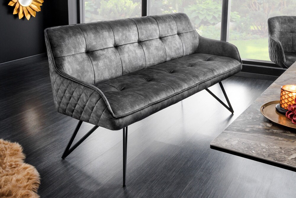riess-ambiente Sitzbank EUPHORIA - 60cm dunkelgrau Samt Retrostil Ziersteppung Hairpin Legs Metallbeine Armlehnen