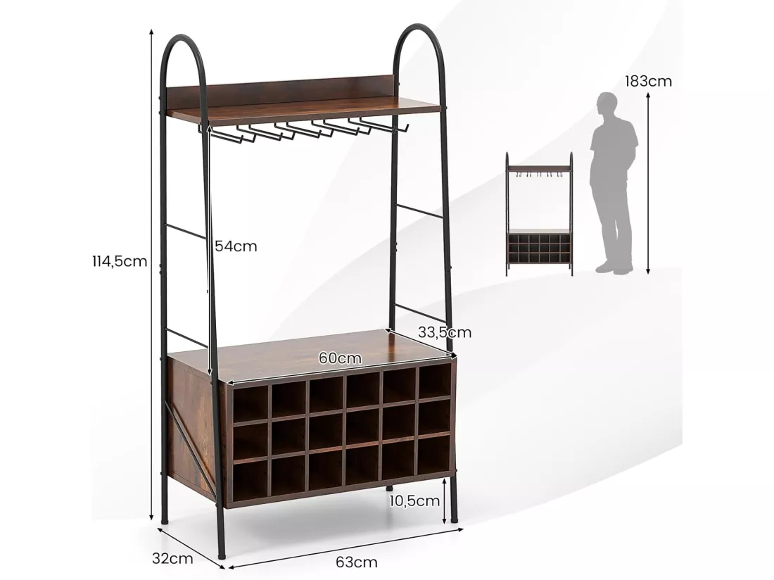 Porte-Bouteille Industriel avec Porte-Verres, 18 Bouteilles & 15 Verres, Casier à vin Amovible, Étagères de Rangement pour Cuisine, Salle à Manger, Bar, 32 x 63 x 114,5 cm, Marron Rustique