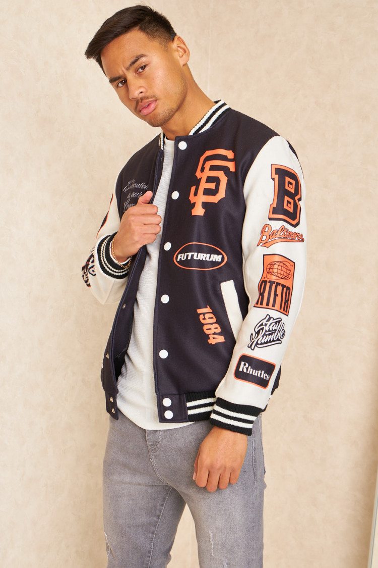 Bomber universitaire noir et blanc à logos orange