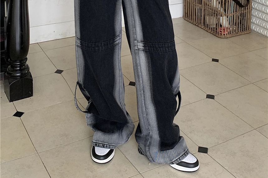 AXEN - Middelhoge taille contrasterende rand wijde pijpen jeans