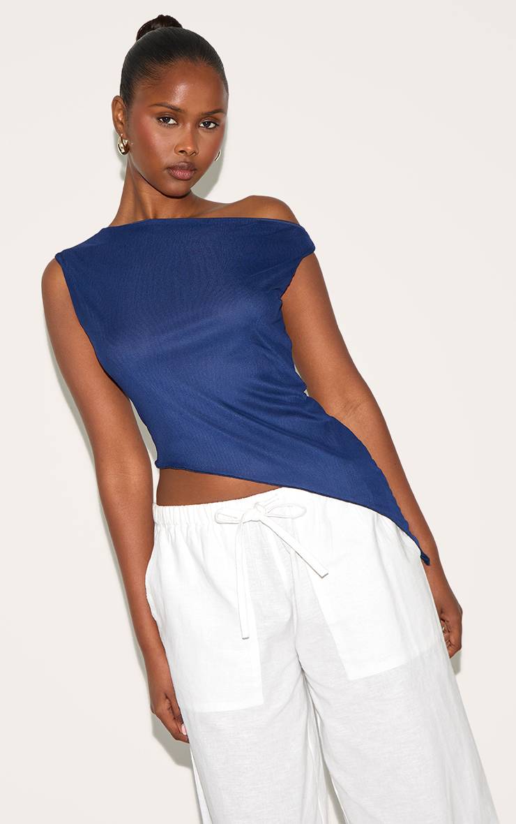 Bleu Marine Haut En Mesh À Col Asymétrique Imprimé Cerf
