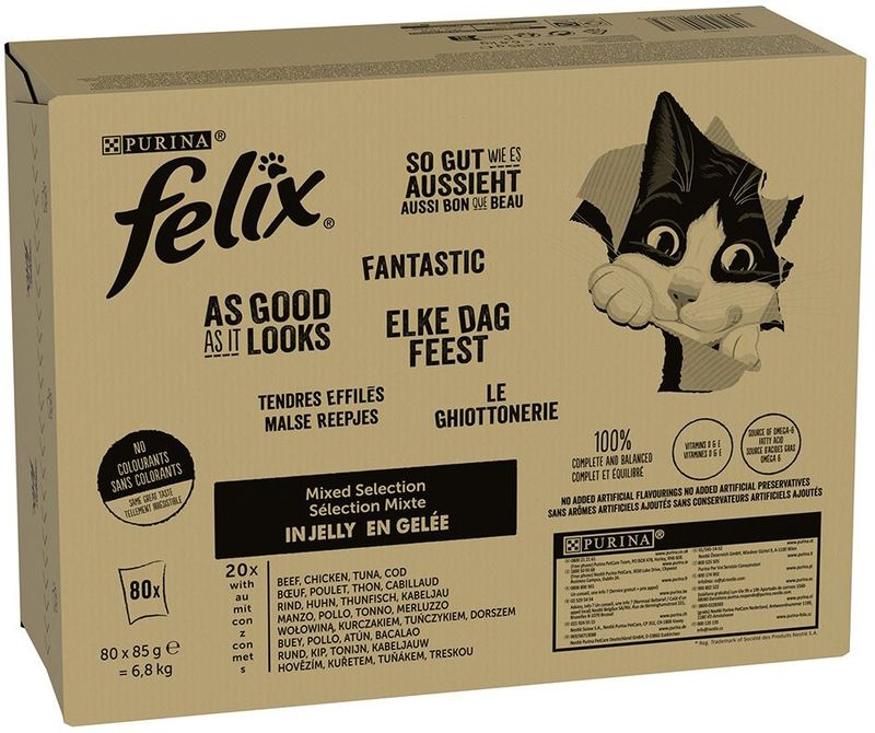 Felix Elke Dag Feest Mix Selectie in Gelei - Kattenvoer Natvoer - Kabeljauw Tonijn Rund & Kip - 80 x 85 g