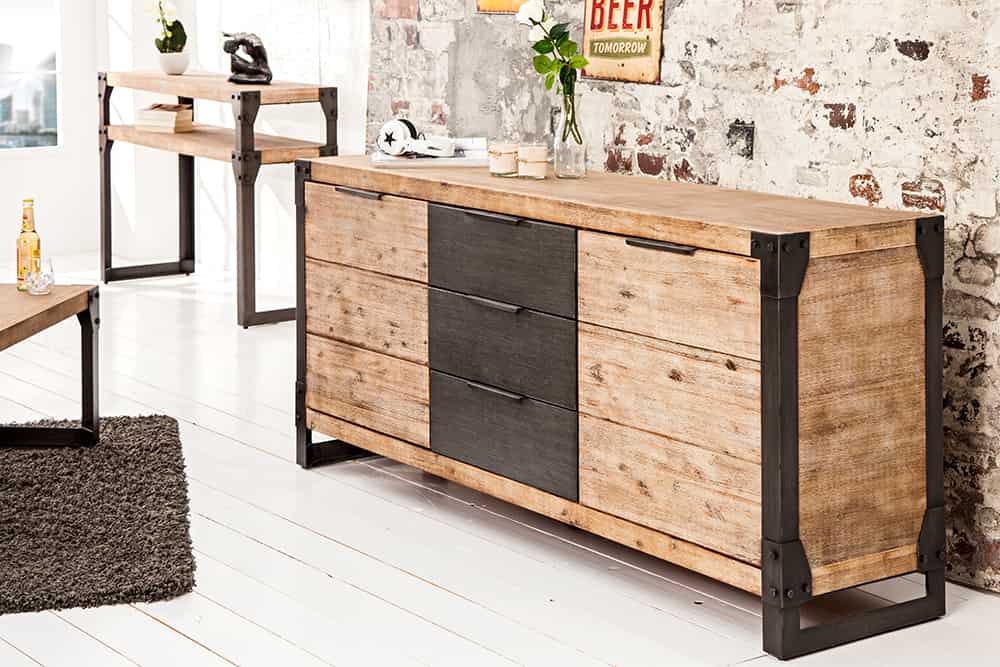 Industrial Sideboard FACTORY 180cm Akazie Massivholz weiß gekälkt Kommode mit Schubladen