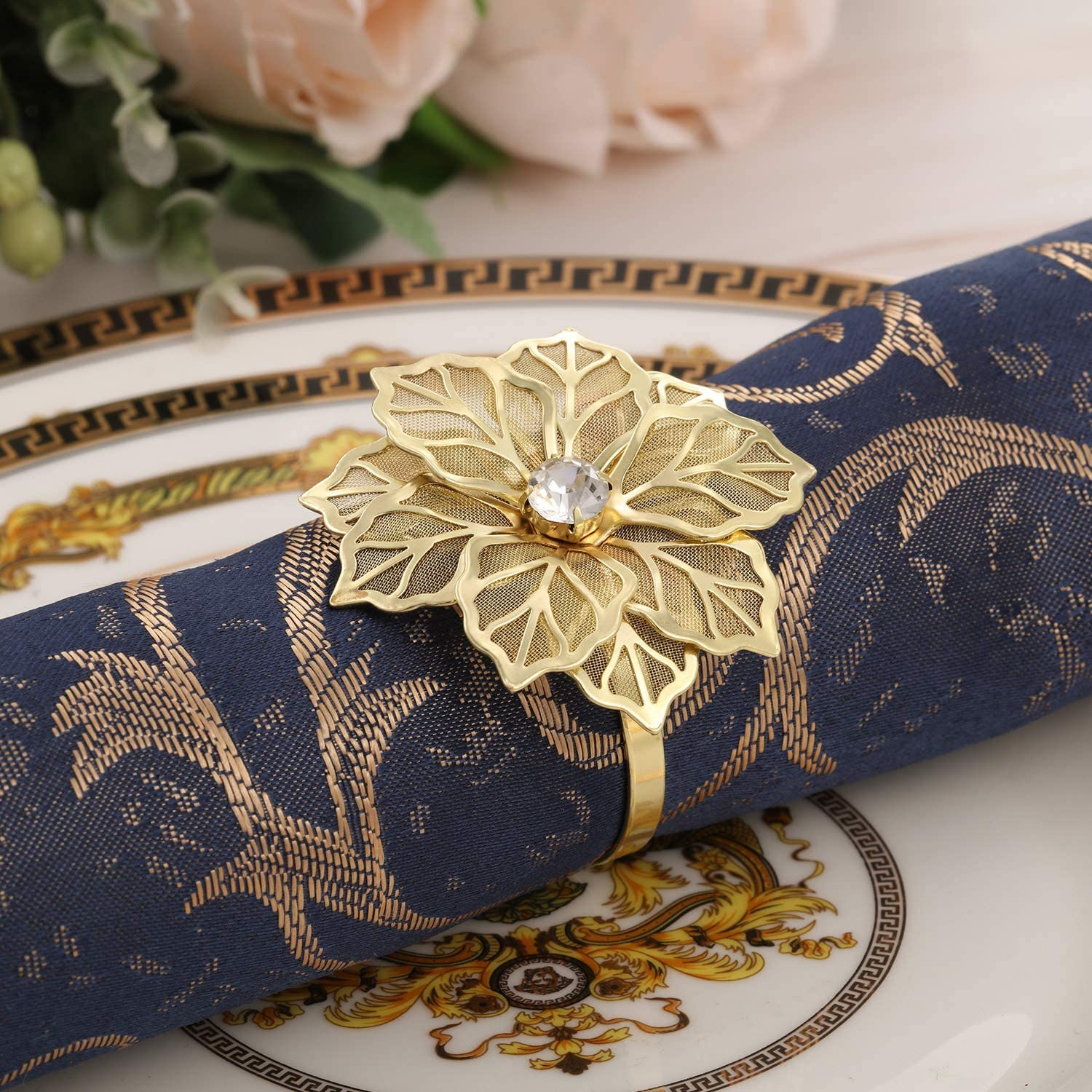 (12er Set) Ø4cm Metall Serviettenring Tischdeko Strass Blumen Tuchhalterung - Gold