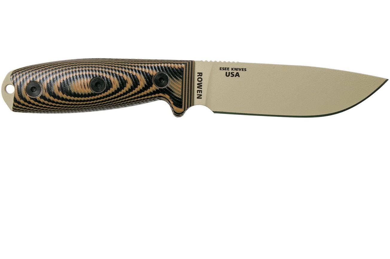 ESEE Model 4 Desert Tan Blade 3D Coyote-Black G10 survivalmes 4PDT-005 zwarte schede   riemclip
