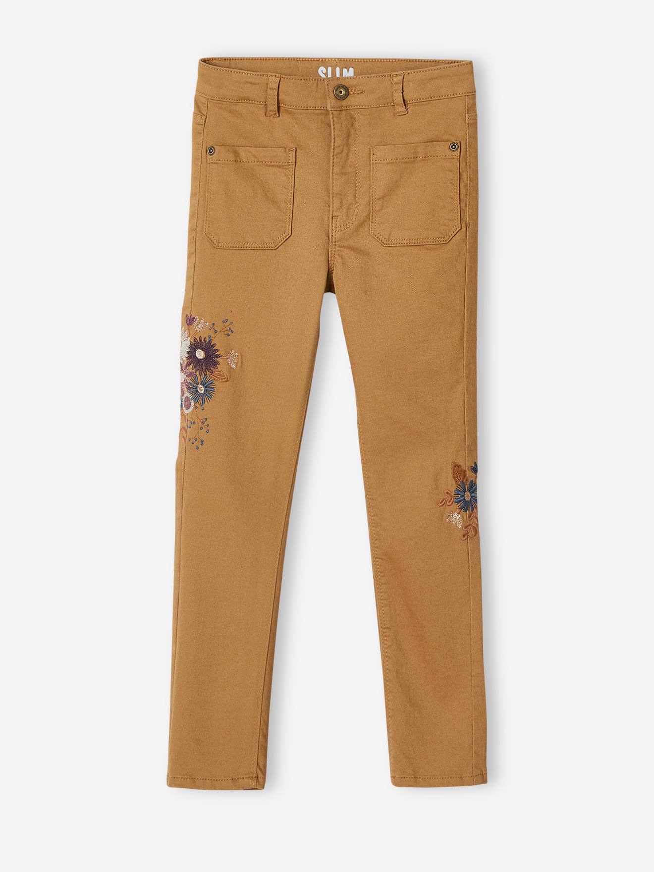 Calças justas com bordado floral e cintura alta, lisas em tom castanho claro com motivos florais para meninas.