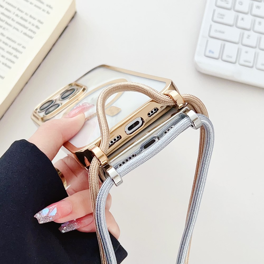 iPhone 14 Pro Max MagSafe Necklace Gummi Case Hülle Galvanisierter Rahmen mit Handykette (160cm)   Kameraschutz - Roségold / Transparent