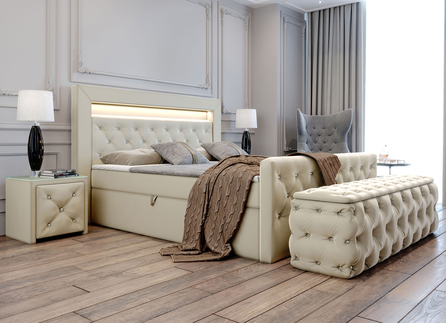 Boxspringbett mit LED-Beleuchtung, Topper und Nachttisch