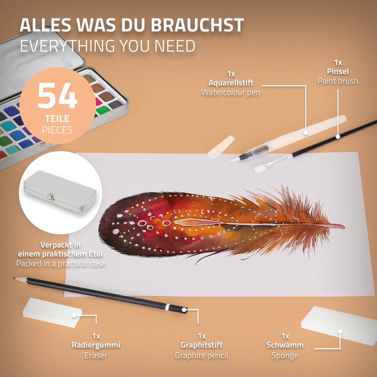 ECD Germany Waterverfset, 48 kleuren in een draagbare doos, inclusief penselen, 2B-potlood, aquarelpotlood, gum, spons, volledig aquarelpalet, verfdoos, aquarelset voor beginners en professionals