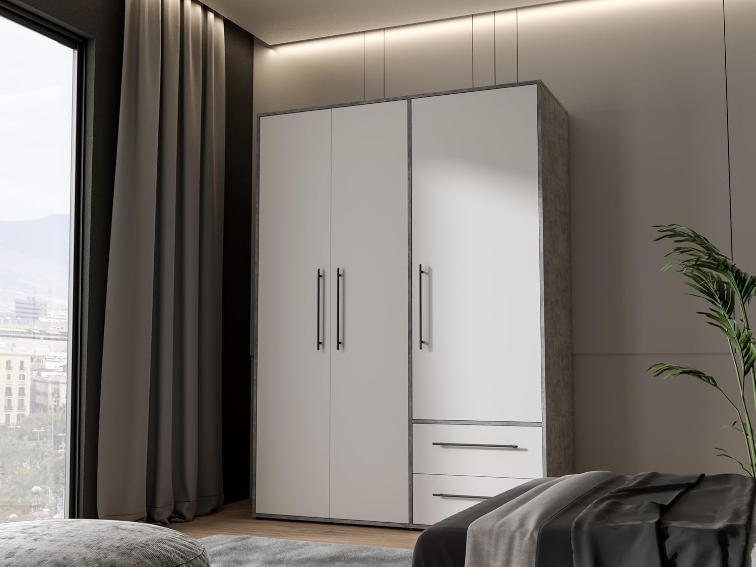 FORTE Jupiter Schrank 140 150, Kleiderschrank, Drehtürenschrank, 3-türig, mit 2 Schubladen und Einlegeböden, Betonoptik Grau und Weiß, 145 cm breit x 59 cm tief x 200 cm hoch