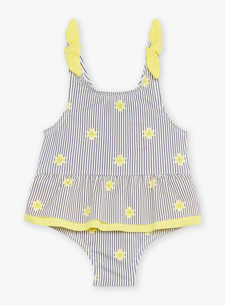Maillot de bain 1 pièce bleu marine et jaune à imprimé à rayures et soleils