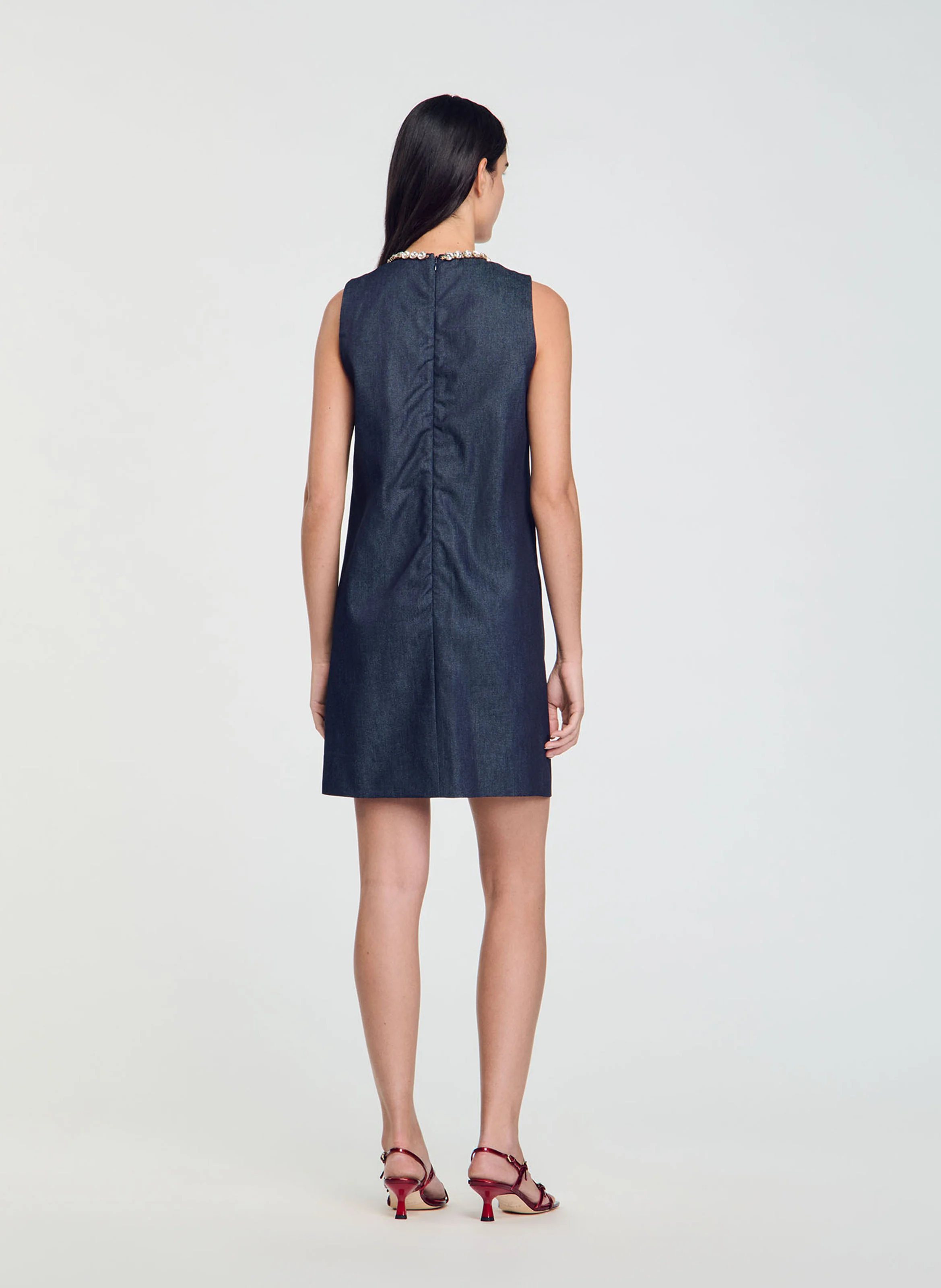 Robe courte col rond en denim | Bleu