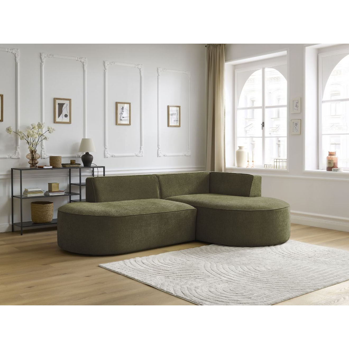 Bobochic Canapé d'angle droit fixe 4 places Rousseau texturé vert - 250x160x72 cm