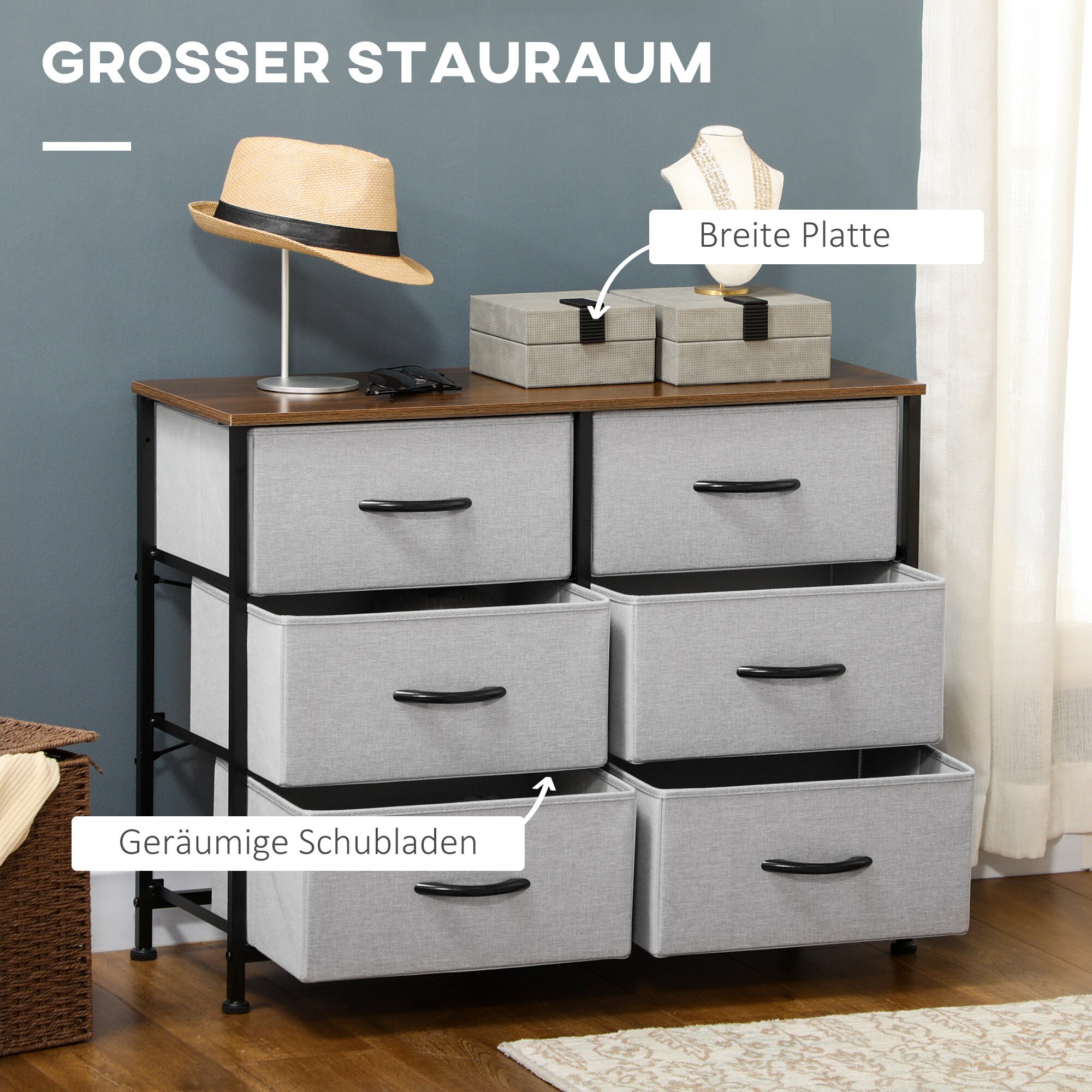 HOMCOM Kommode mit 6 faltbaren Schubladen grau 80L x 30B x 62,5H cm