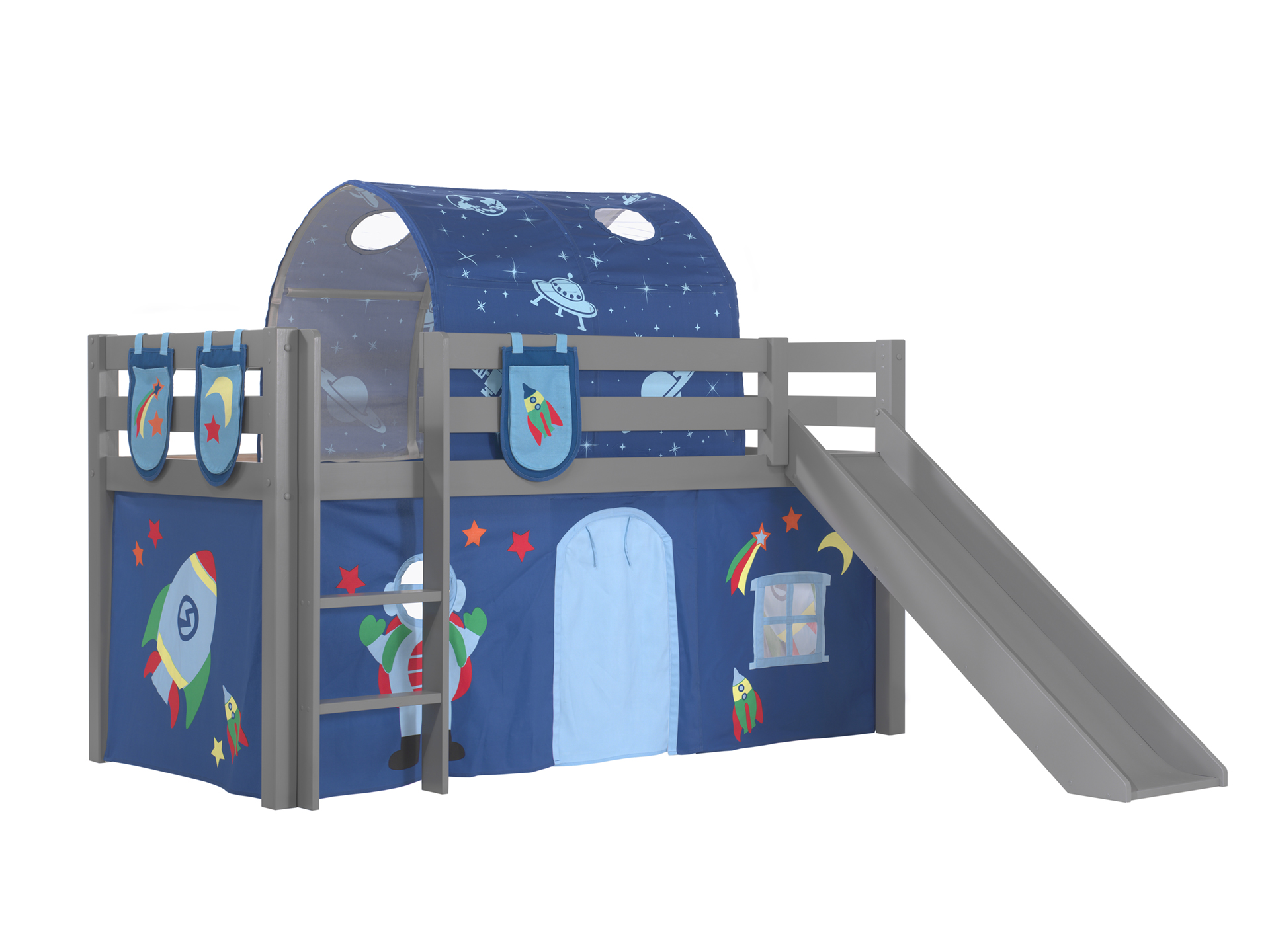 Spielbett Pino inkl. Rutsche mit Textilset Vorhang, Tunnel und 3 Taschen versch. Designs