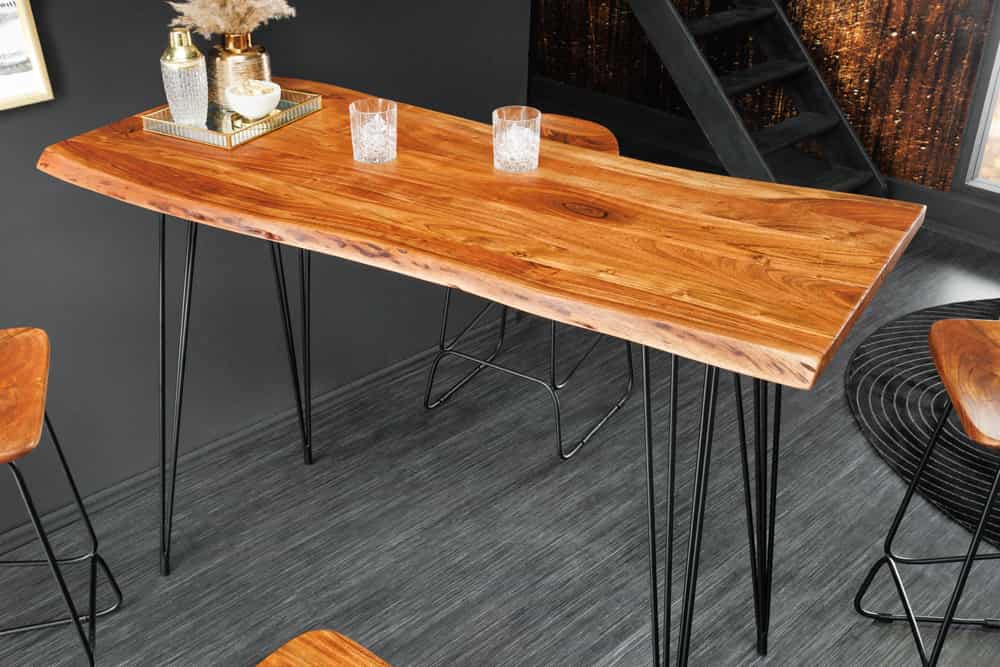 Massivholz Bartisch MAMMUT 140cm natur Akazie Baumkante Metall schwarz Hairpin Legs