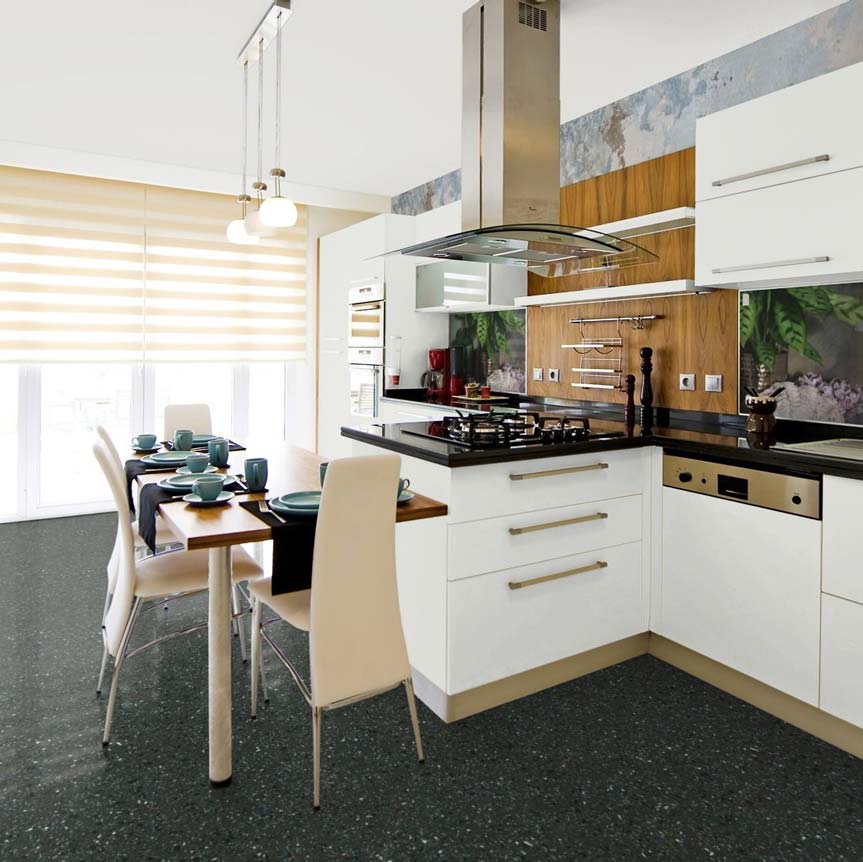 PVC-vloer, per meter verkocht, zwart, in terrazzo-steenlook, 200 cm breed (per meter verkocht)