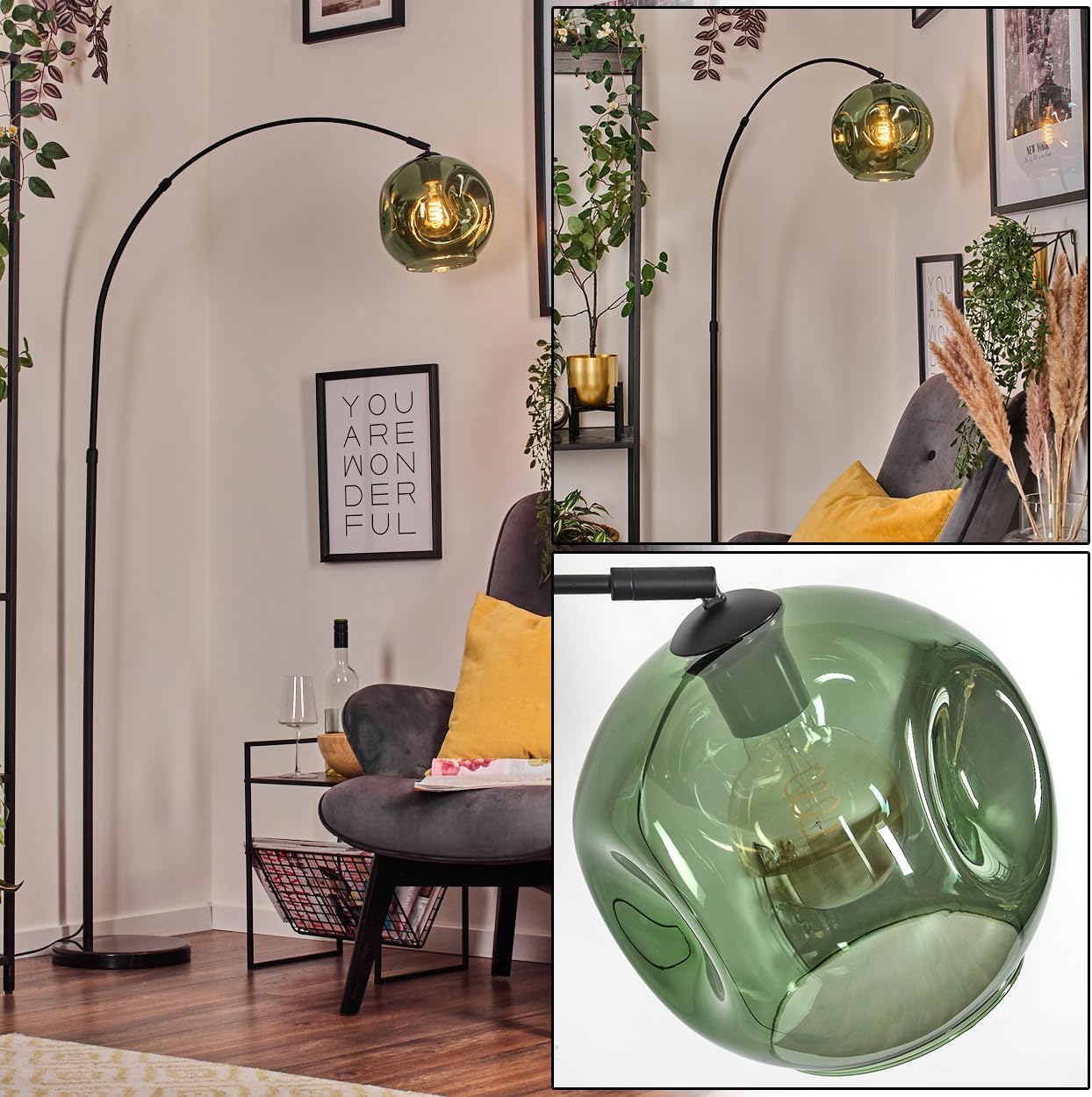 HOFSTEIN Stehleuchte Ripoll, Stehlampe aus Metall/Glas in Schwarz/Grün mit Marmorfuß, verstellbare Leuchte im Retro/Vintage-Design (Schirm Ø 20 cm), Fußschalter, E27, Wohnzimmer, Schlafzimmer, Büro