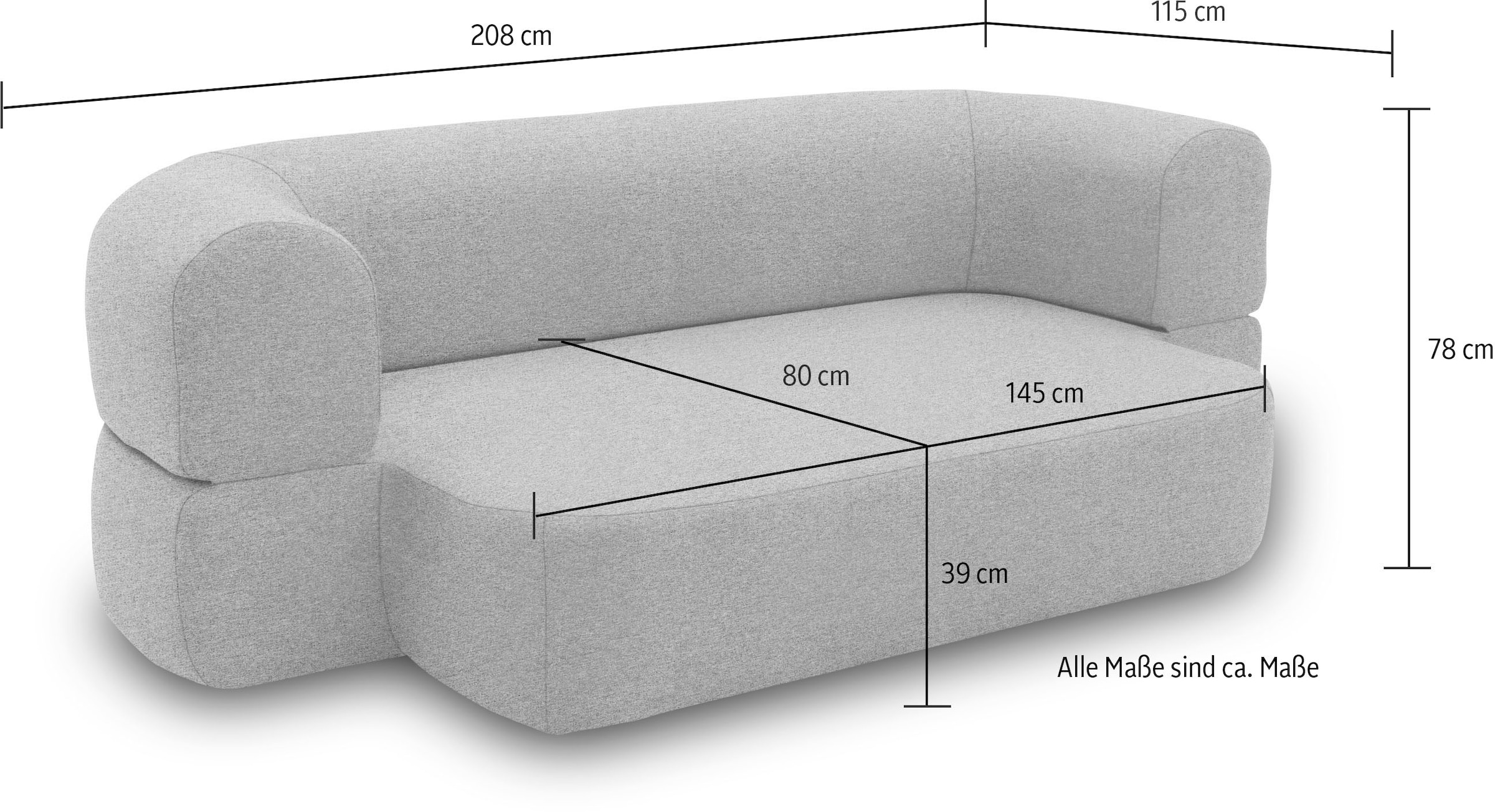 INOSIGN Schlafsofa »Denair oval Federkern, Bettsofa, organisches Design. Breite 208cm« 2-Sitzer durch Klappen verwandeln in eine Liegefläche