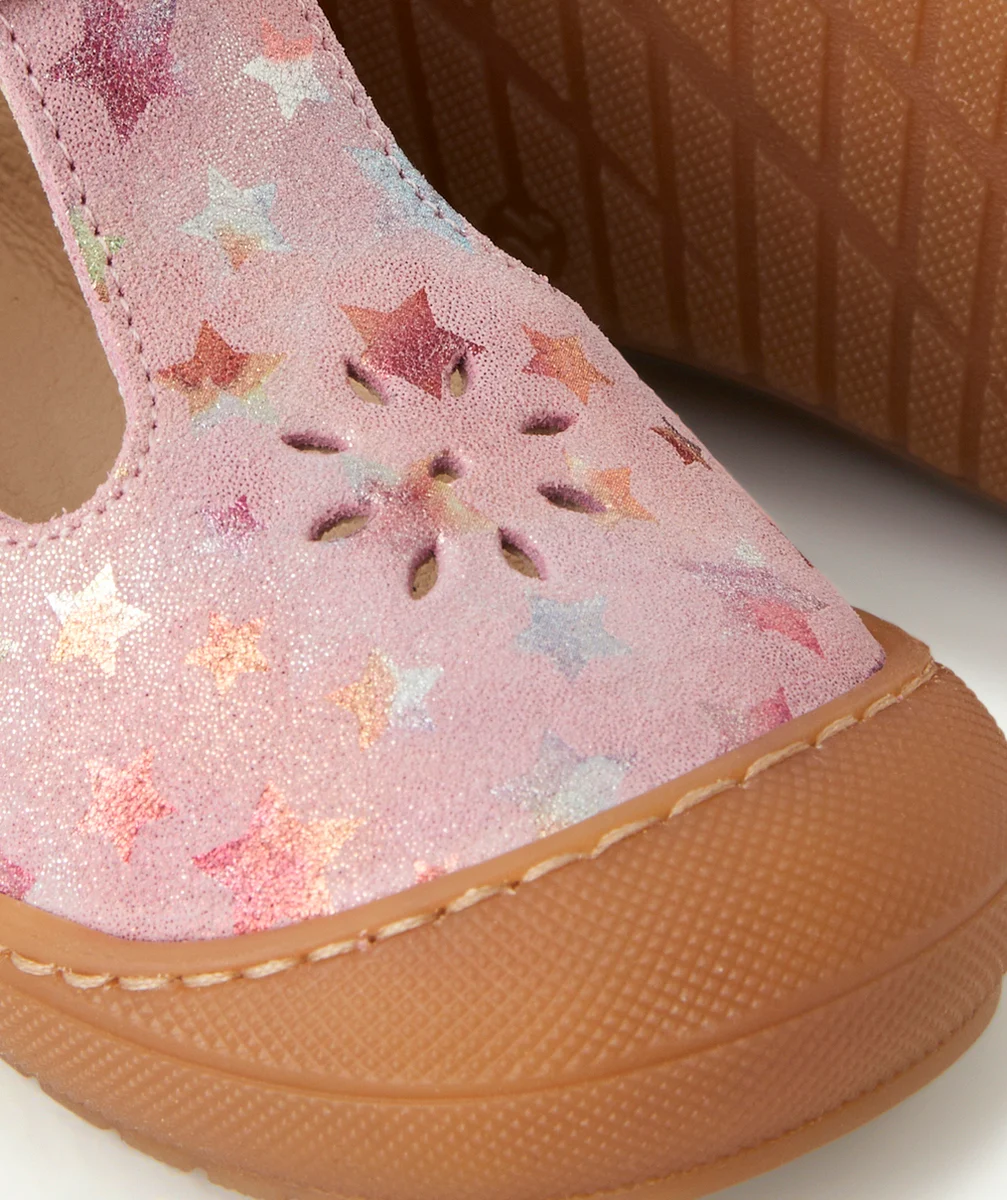 BOPYBOTTINES OUVERTES PREMIERS PAS BÉBÉ EN CUIR ROSE AVEC ÉTOILES