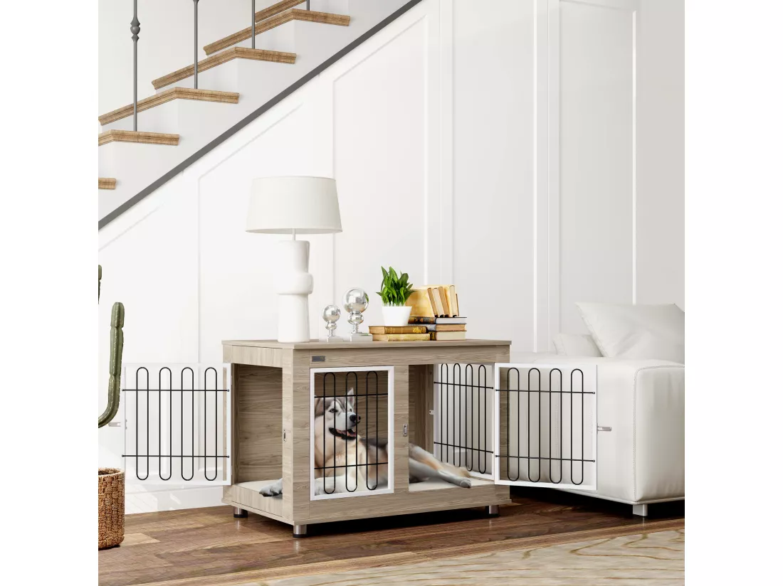 Cage pour chien sur pied - 2 portes verrouillables, coussin déhoussable inclus - acier filaire noir panneaux aspect bois brun