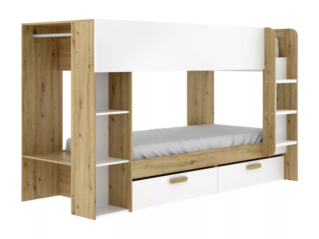 Lits superposés 2 x 90 x 200 cm avec rangements et penderie - Blanc et naturel + Matelas - OZANA