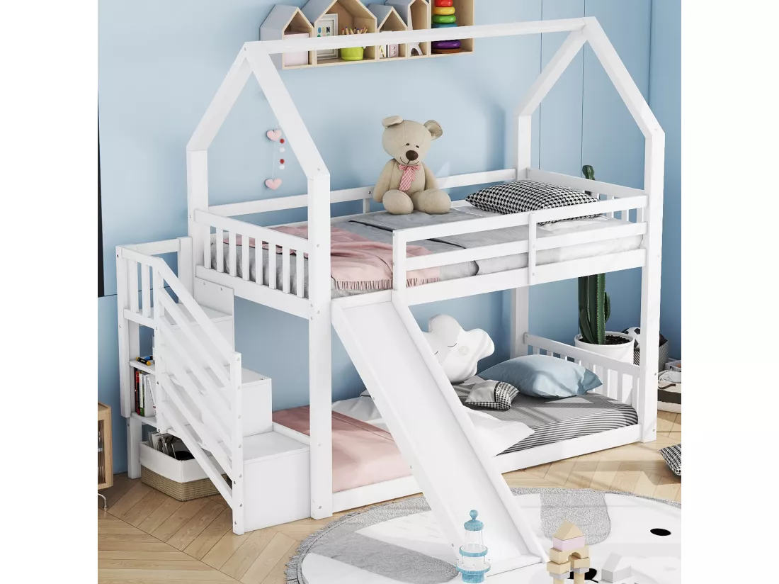 Lit superposé 90x200cm - lit cabane enfant avec escalier de rangement et toboggan, 1x sommier à lattes - blanc