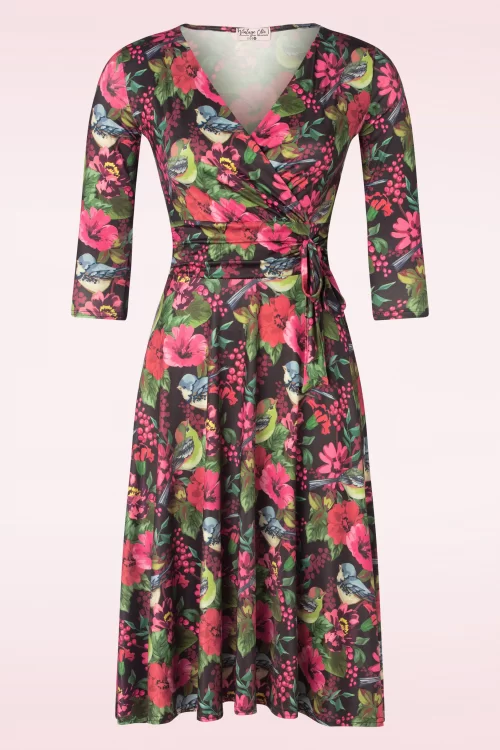 Vintage Chic for Topvintage Aria floral bird print swing jurk in zwart