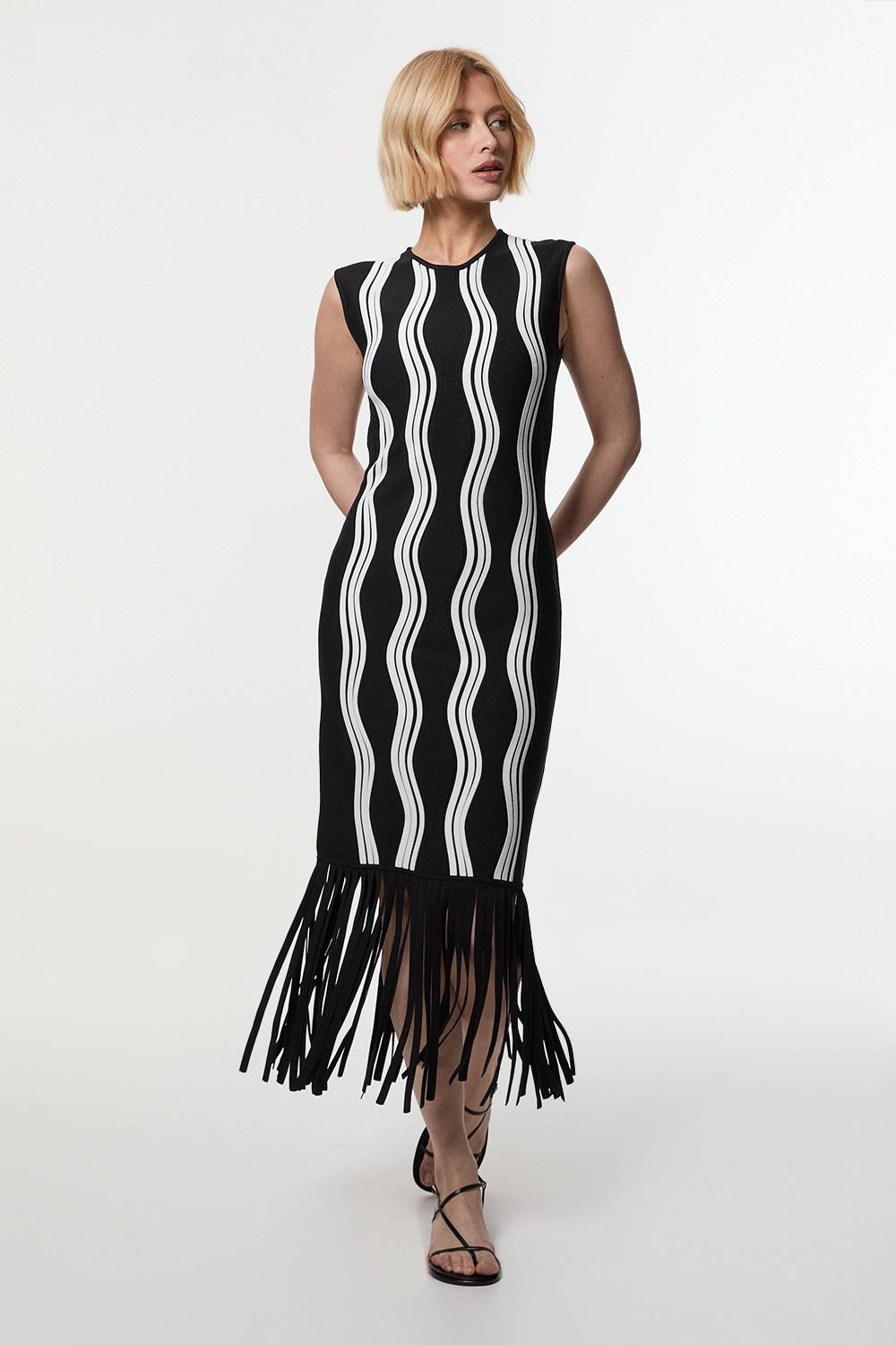 KarenMillen Robe en maille à vagues contrastées avec franges