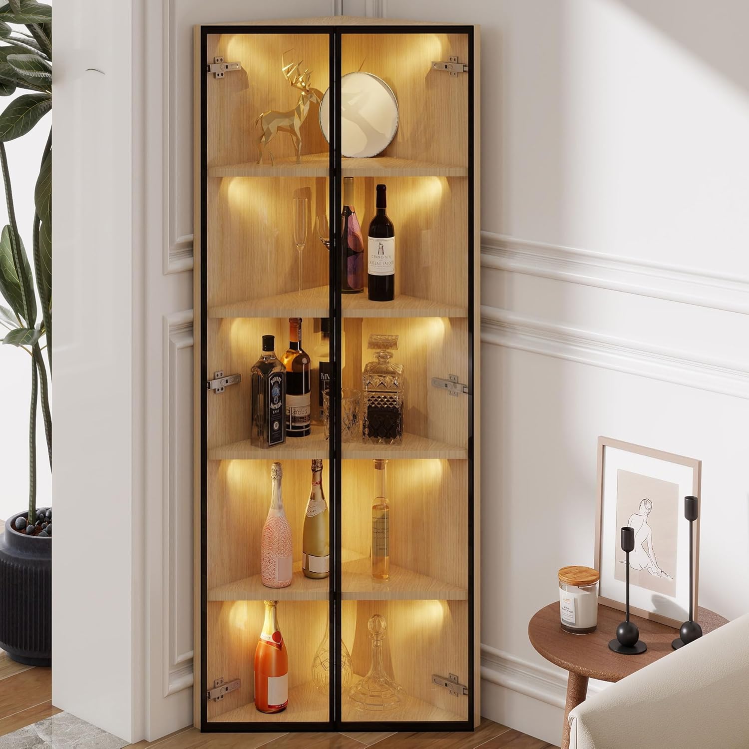 BTM LED Glasvitrine 62x35x160cm Eckvitrine mit Tür – Sammlungsvitrine, Bücherregal, Weinschrank, Badezimmerschrank, Eiche