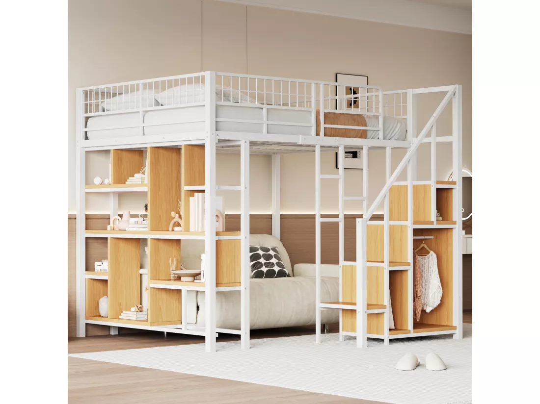 Lit mezzanine 140 x 200 cm avec armoire et étagères - Métal + Contreplaqué + MDF - Sommier à lattes - Blanc