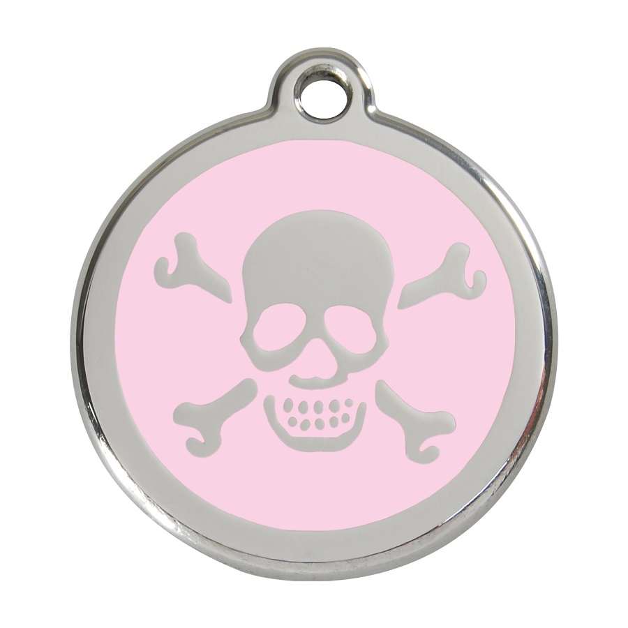Placa de identificação para cães em aço inoxidável esmaltado rosa com formato de osso cruzado