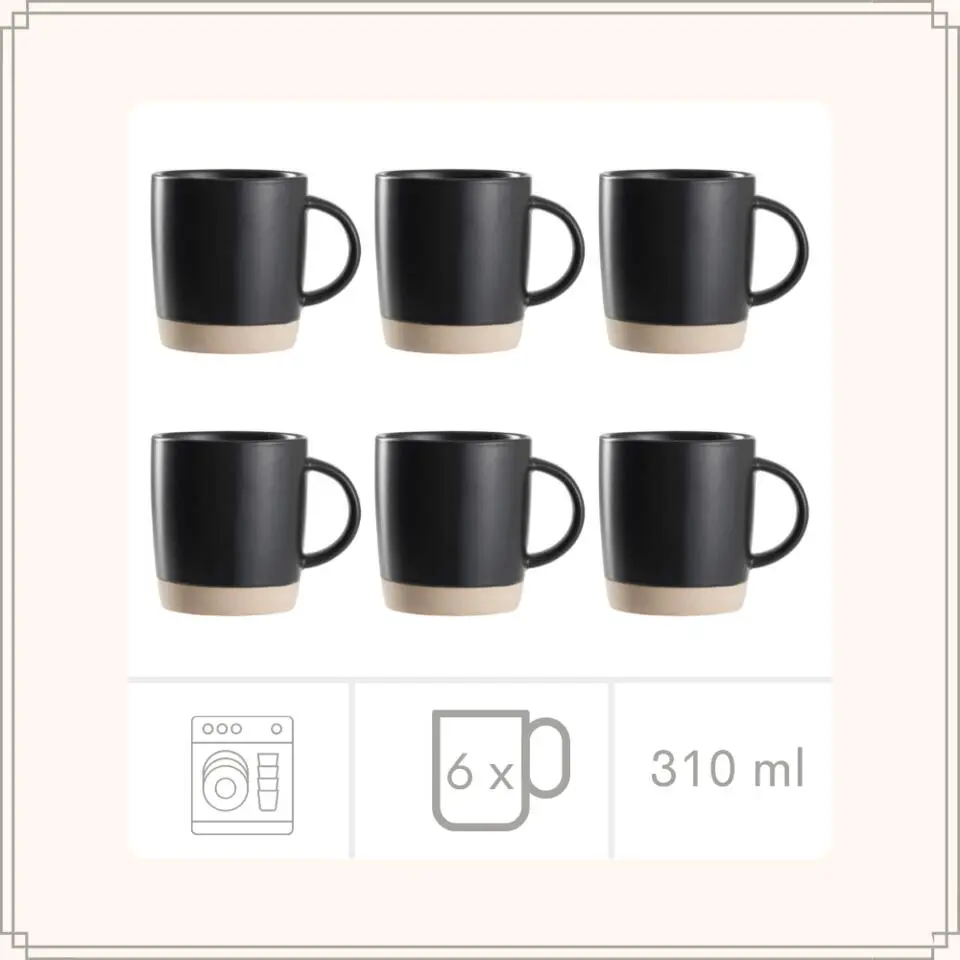 OTIX Koffiekopjes Theemokken Koffietassen Set van 6 Zwart 310 ml Aardewerk