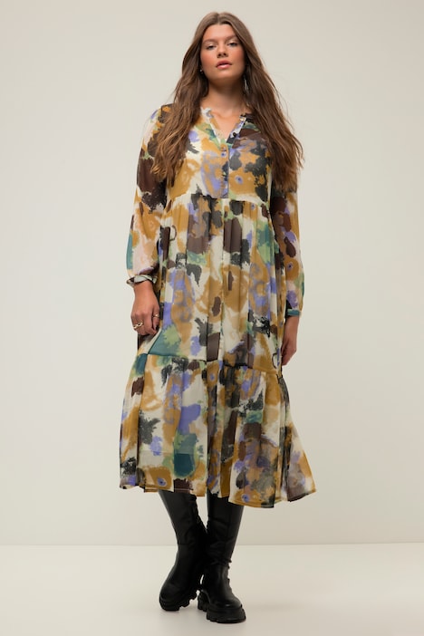Maxikleid, A-Line, doppellagig, Batik Print, Langarm