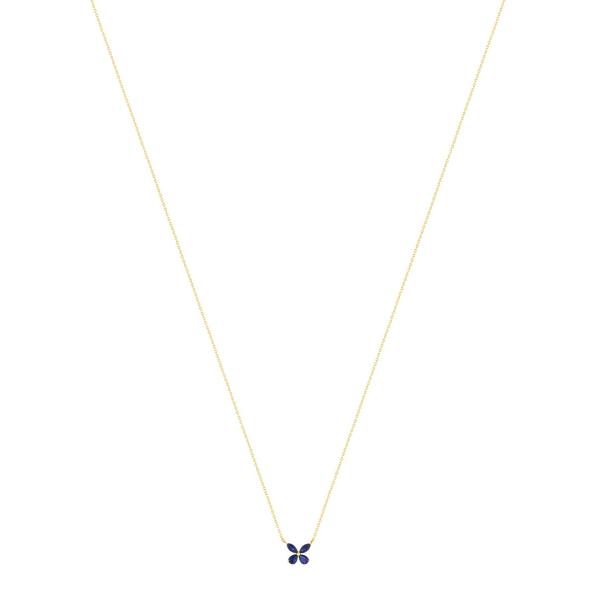Collier or jaune 375, saphirs, motif papillon. Longueur 42 cm.