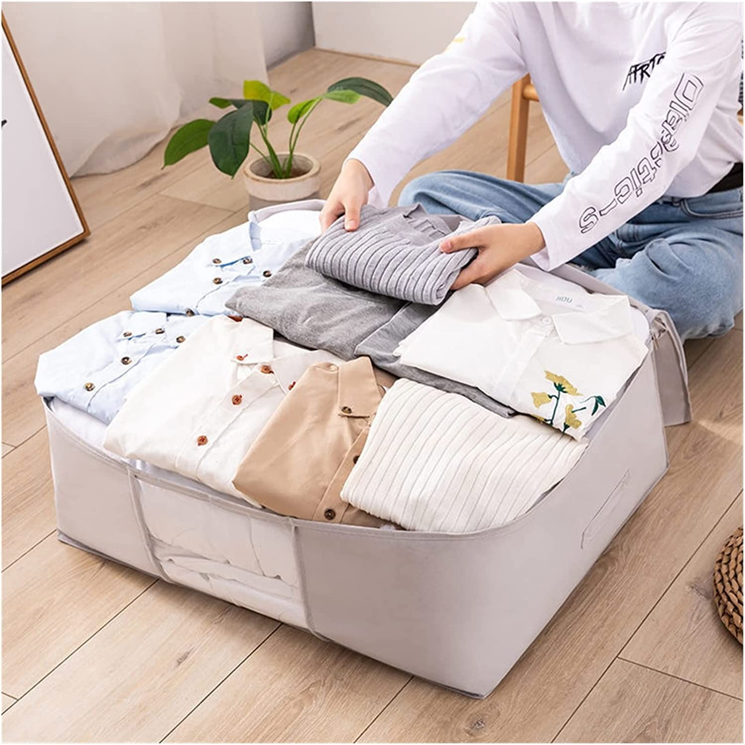 (3er Set) Aufbewahrungs Tasche Bettwäsche Organizer Kleider Box mit Sichtfenster - Grau