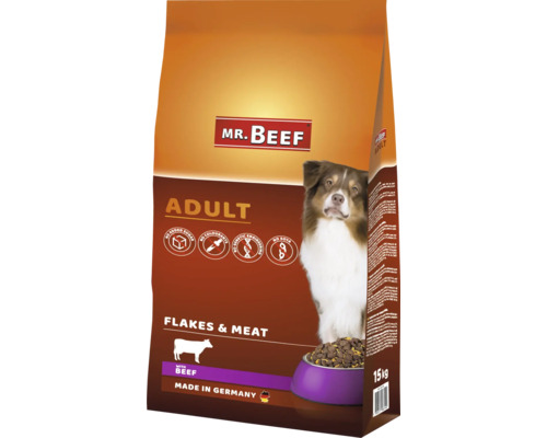 MR.BEEF droogvoer voor honden in vlokkenvorm, 15 kg rundvlees, non-GMO, zonder toegevoegde suikers, zonder kunstmatige kleurstoffen, zonder soja. Gemaakt in Duitsland.