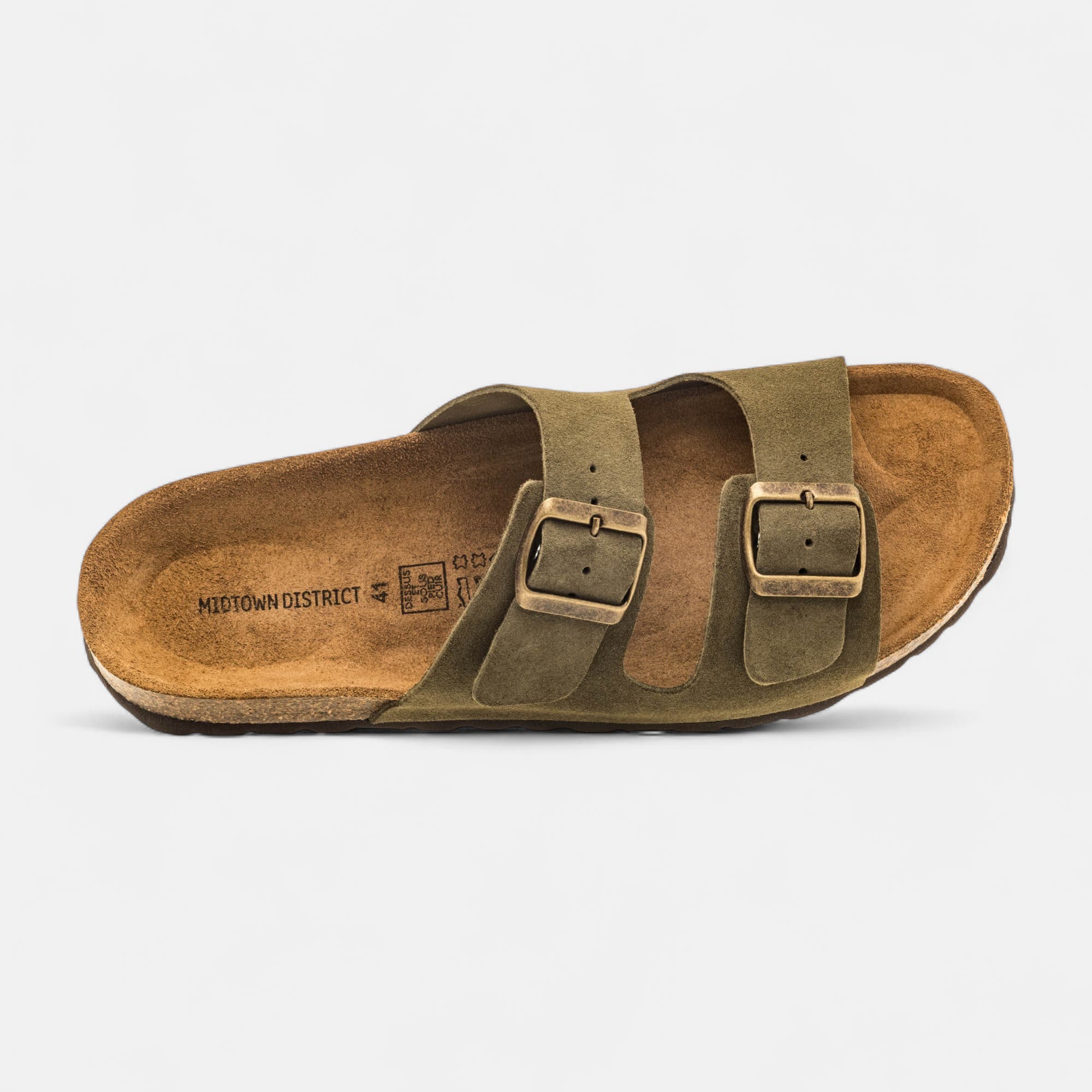 Mules semelle liège Homme en cuir kaki
