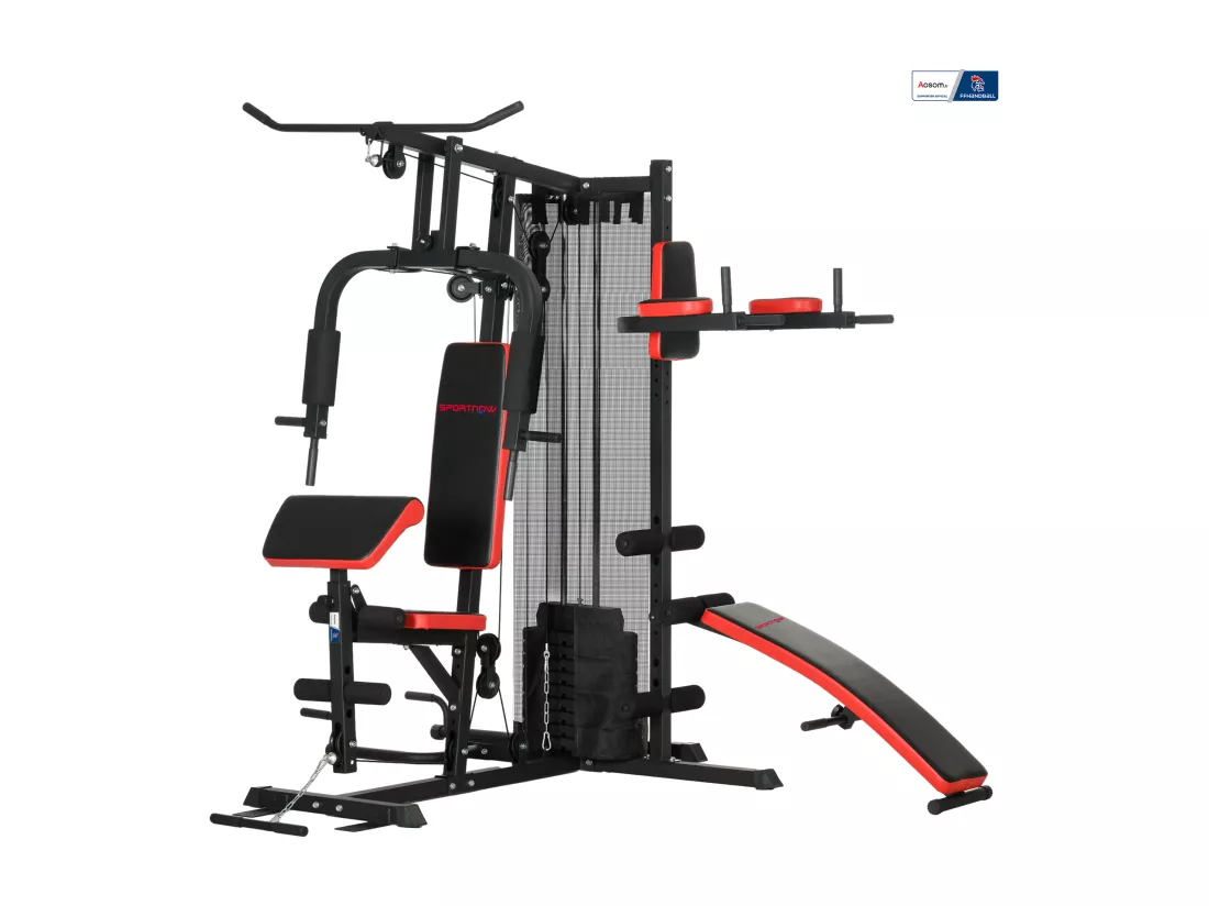 Station de musculation multi-équipement - collaboration Aosom.fr x FFHandball - 10 contrepoids - acier noir rouge